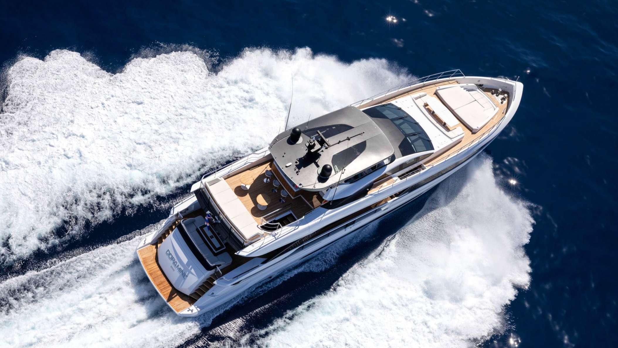 The stunning 109-foot motor yacht Dopamine is sleek and stylish with elegant, powerful lines. Sportier, faster and more efficient than other yachts.