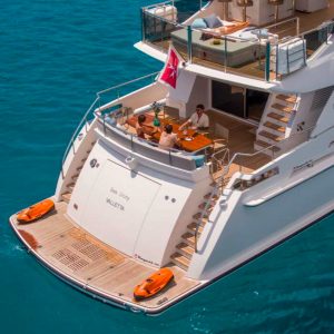 Enjoy the waters of the Balearic Islands on board of the Sea Story Vanquish 82. Perfect for up to nine guests in four luxurious cabins.